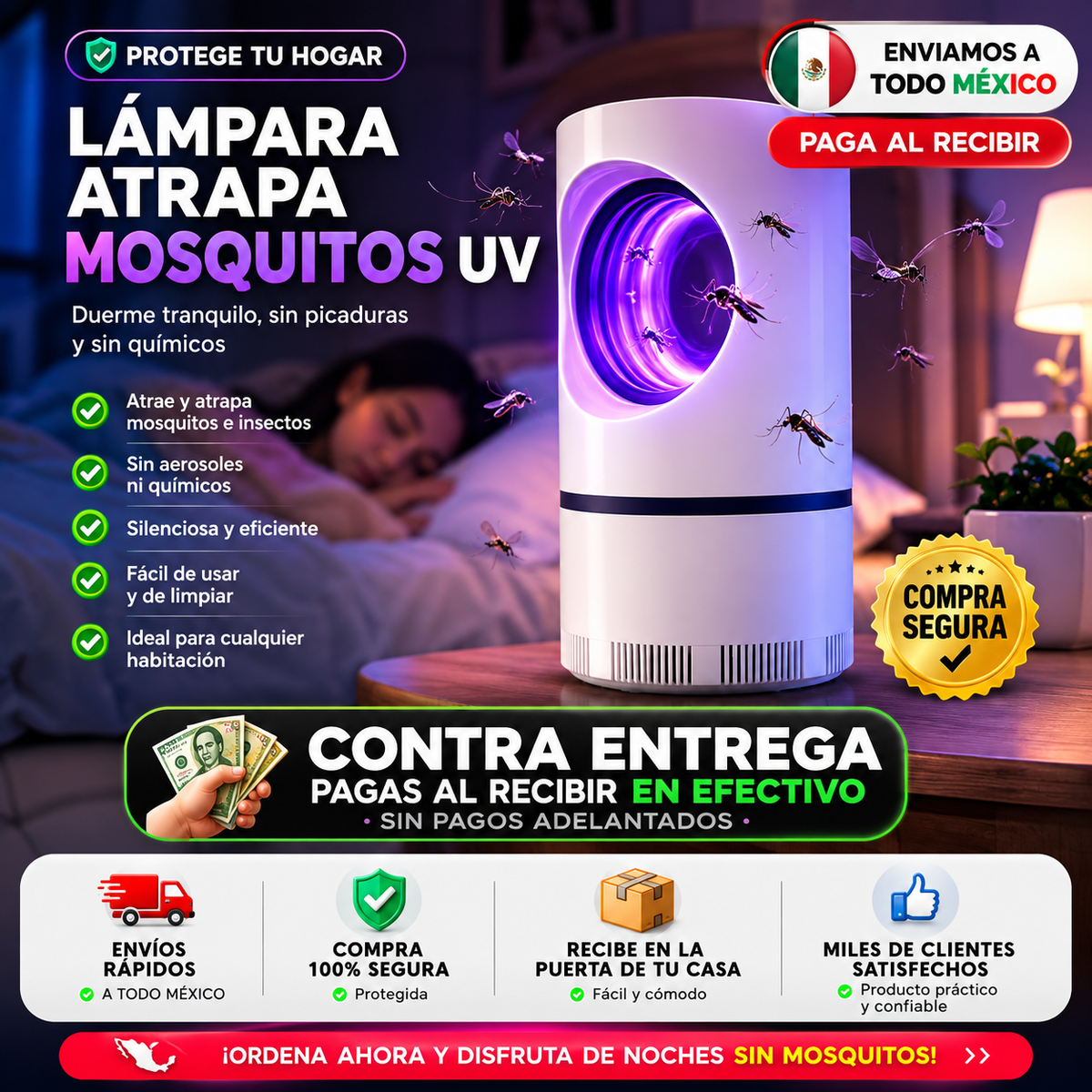 Lámpara Antimosquitos UV | Elimina Mosquitos Mientras Duermes