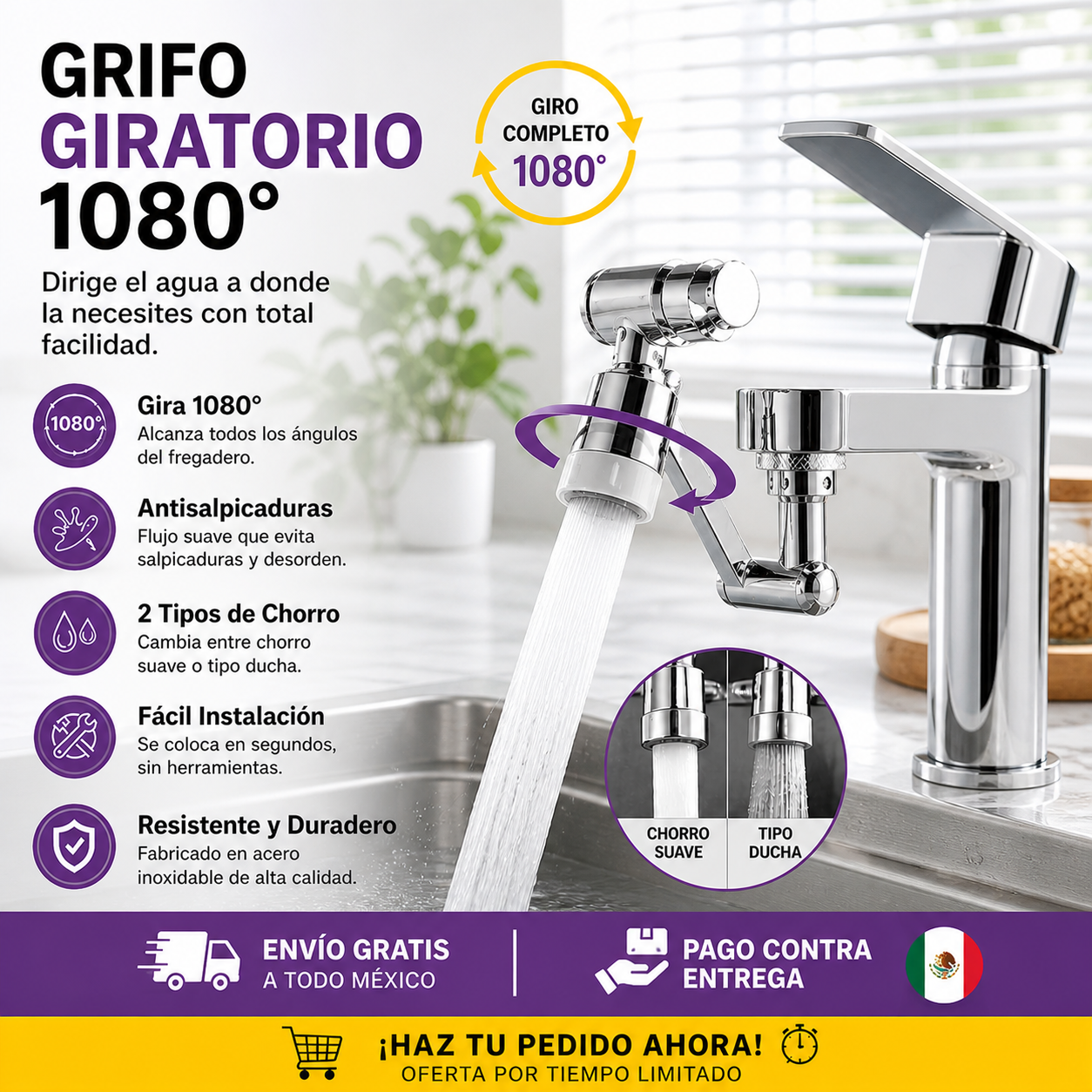 Grifo Extensor Giratorio 1080° Antisalpicaduras